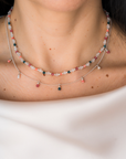 Close-up of a person wearing a multicolored beaded necklace on a plain background