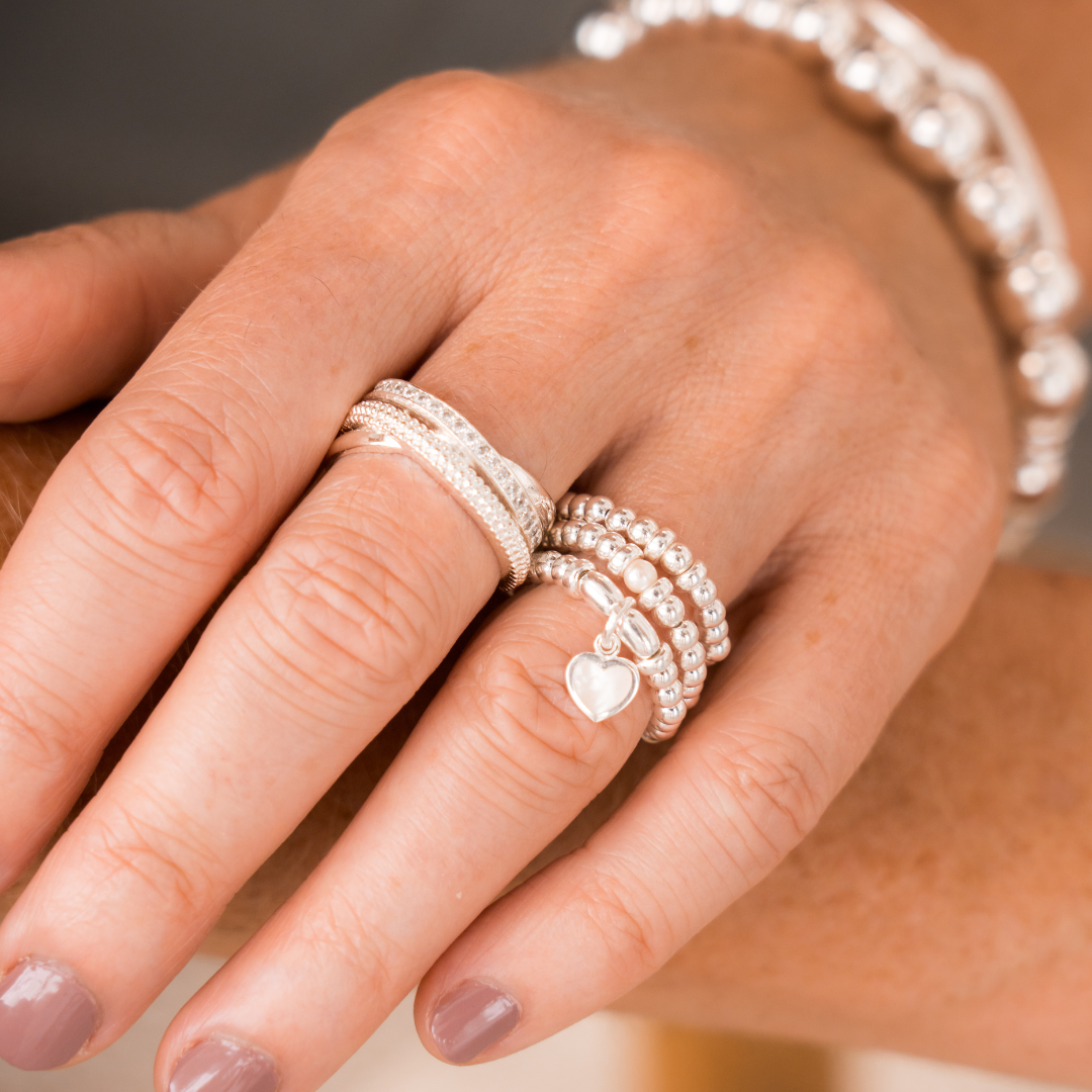 thumbnail image 2 of Sterling Silver Beaded Stretch Stacking Ring – Tiny Heart Charm, Handmade, All Sizes 2 of 6