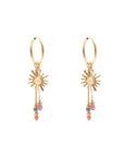 Gold sun-shaped earrings with colorful beads on a white background