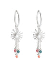 Silver sun-shaped earrings with colorful beads on a white background
