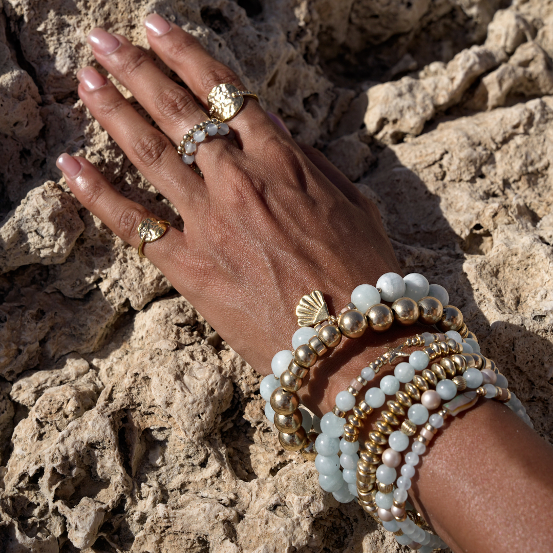 SUMMER JEWELRY BLUE STONES AQUAMARINE STACKABLE BRACELET BEBLUE GOLD BEACH OCEAN