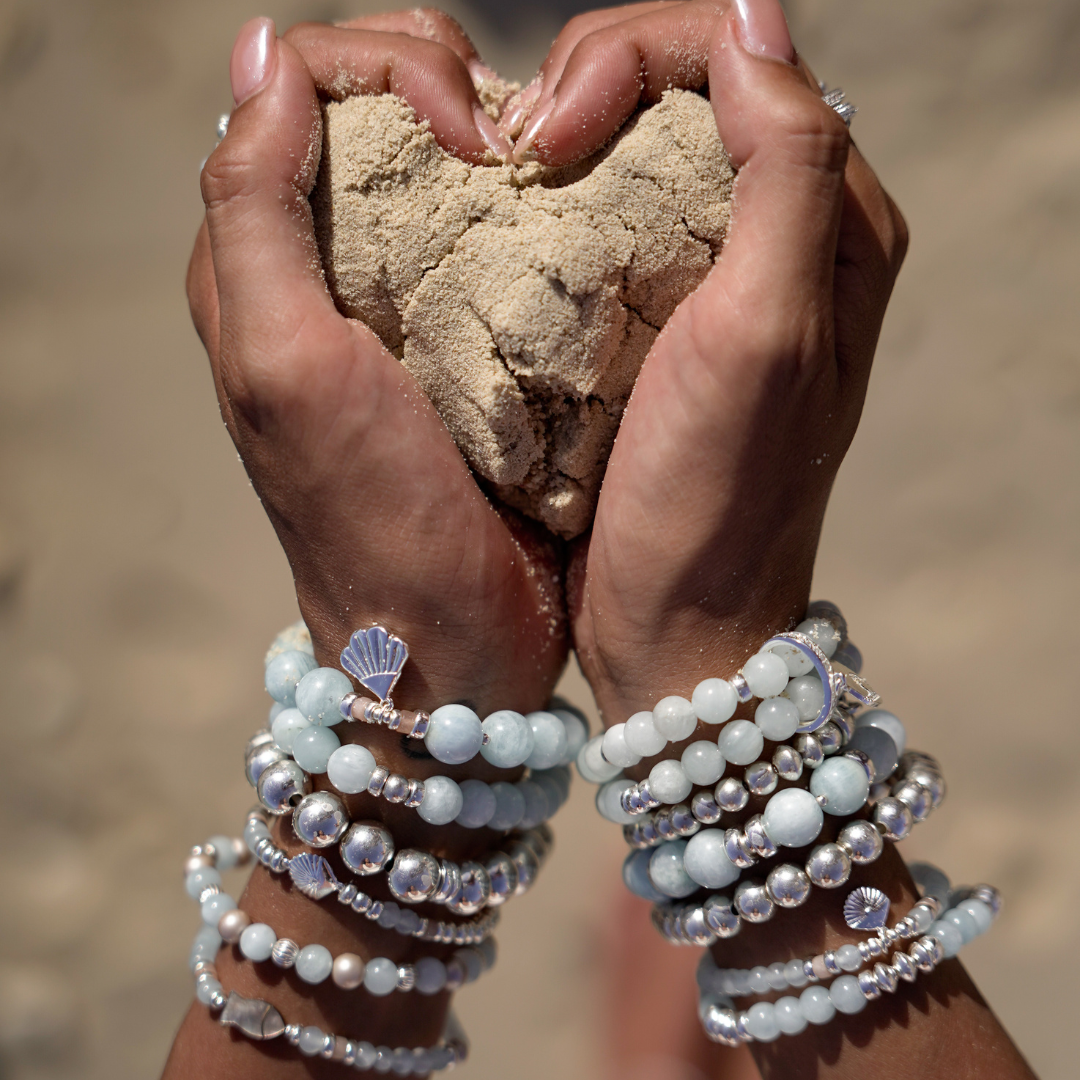 SUMMER JEWELRY BLUE STONES AQUAMARINE STACKABLE BRACELET BEBLUE SILVER BEACH OCEAN STARFISH CHARM SHELL CHARM