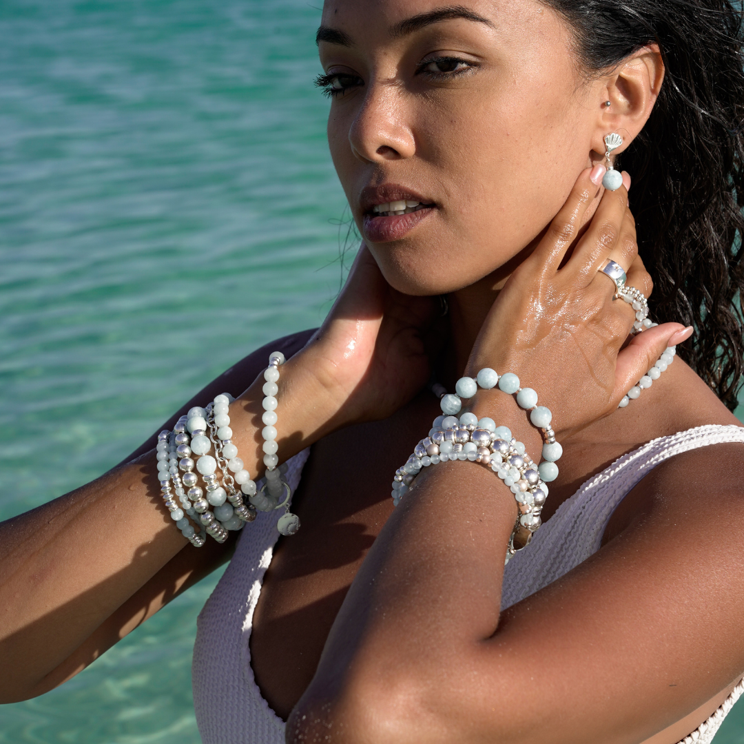 SUMMER JEWELRY BLUE STONES AQUAMARINE STACKABLE BRACELET BEBLUE SILVER BEACH OCEAN