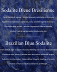 Text about the properties of Brazilian Blue Sodalite with a blue stone background