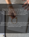 Handmade jewelry with text about production time and quality in Montreal
