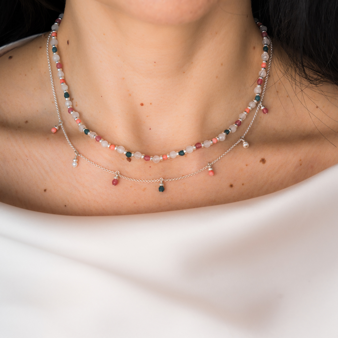 Close-up of a person wearing a multicolored beaded necklace on a plain background