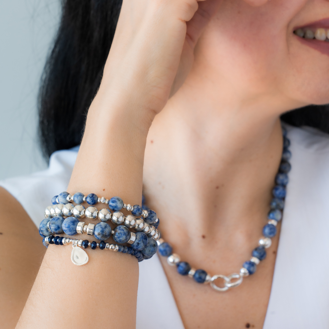 Stack of blue beaded bracelets in blue sodalite and sterling silver / beblue bijoux