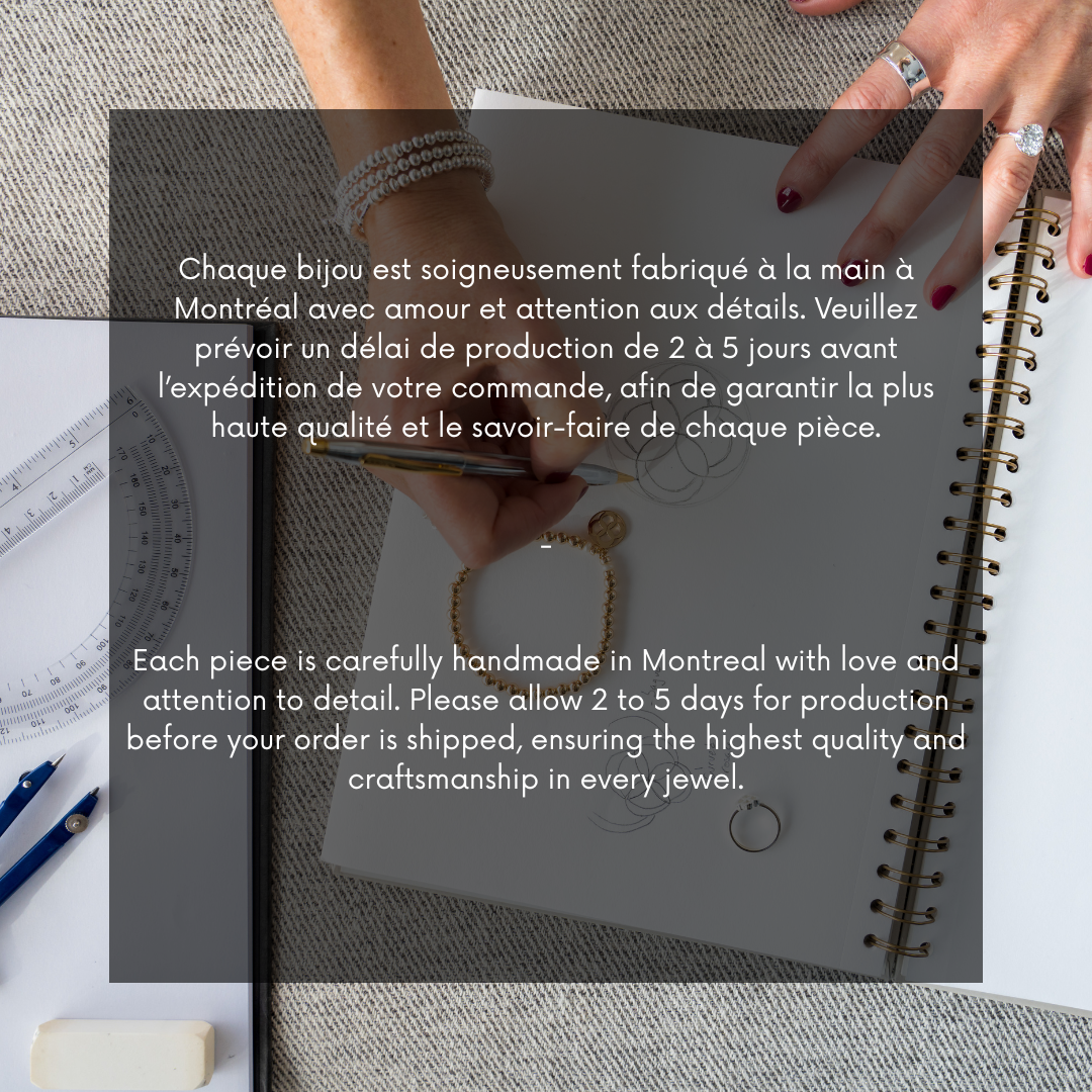 Handmade jewelry with text about production time and quality in Montreal