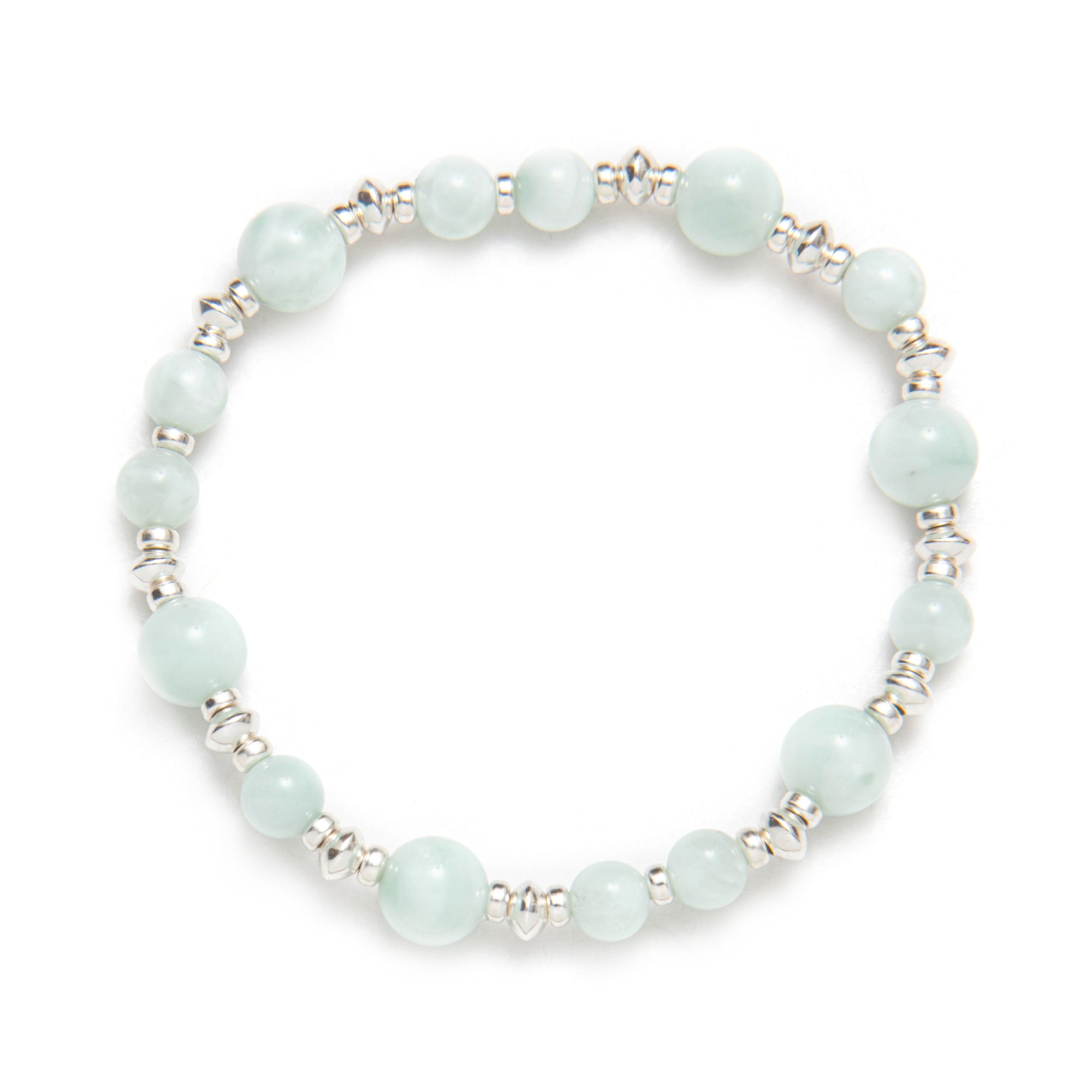 Light blue and green beaded bracelet on a white background
