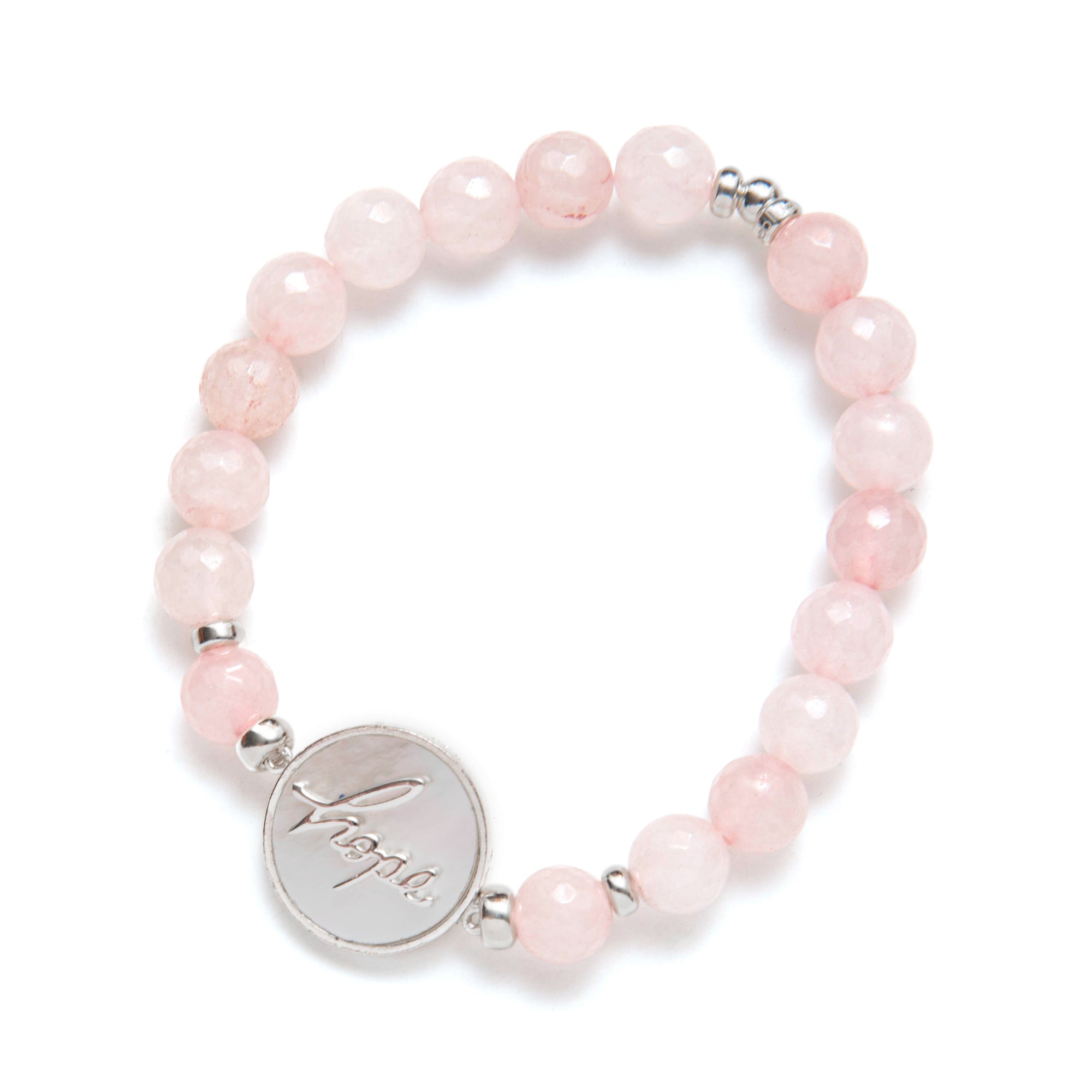 Pink beaded bracelet with a silver charm on a white background