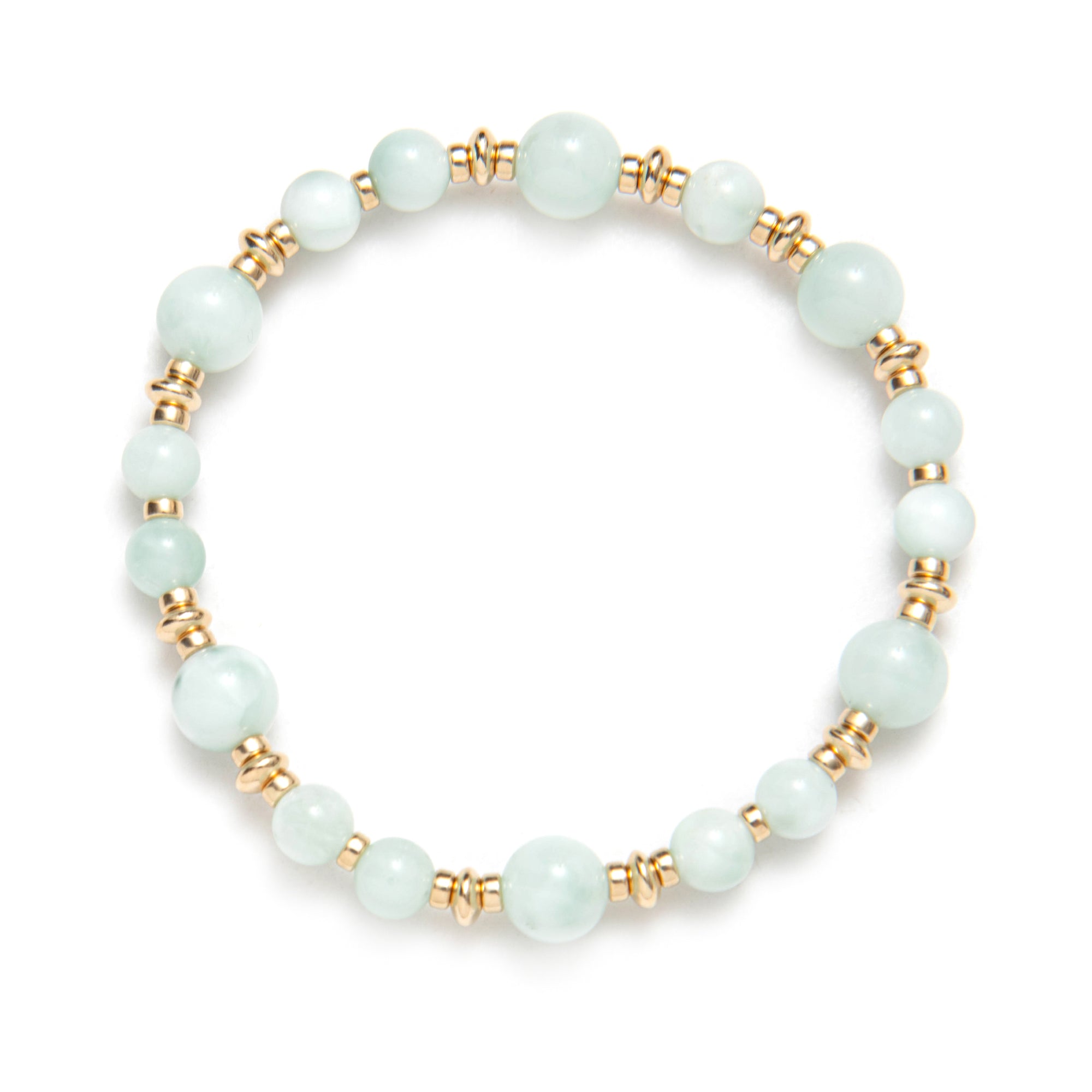 Bracelet with light blue beads and gold accents on a white background