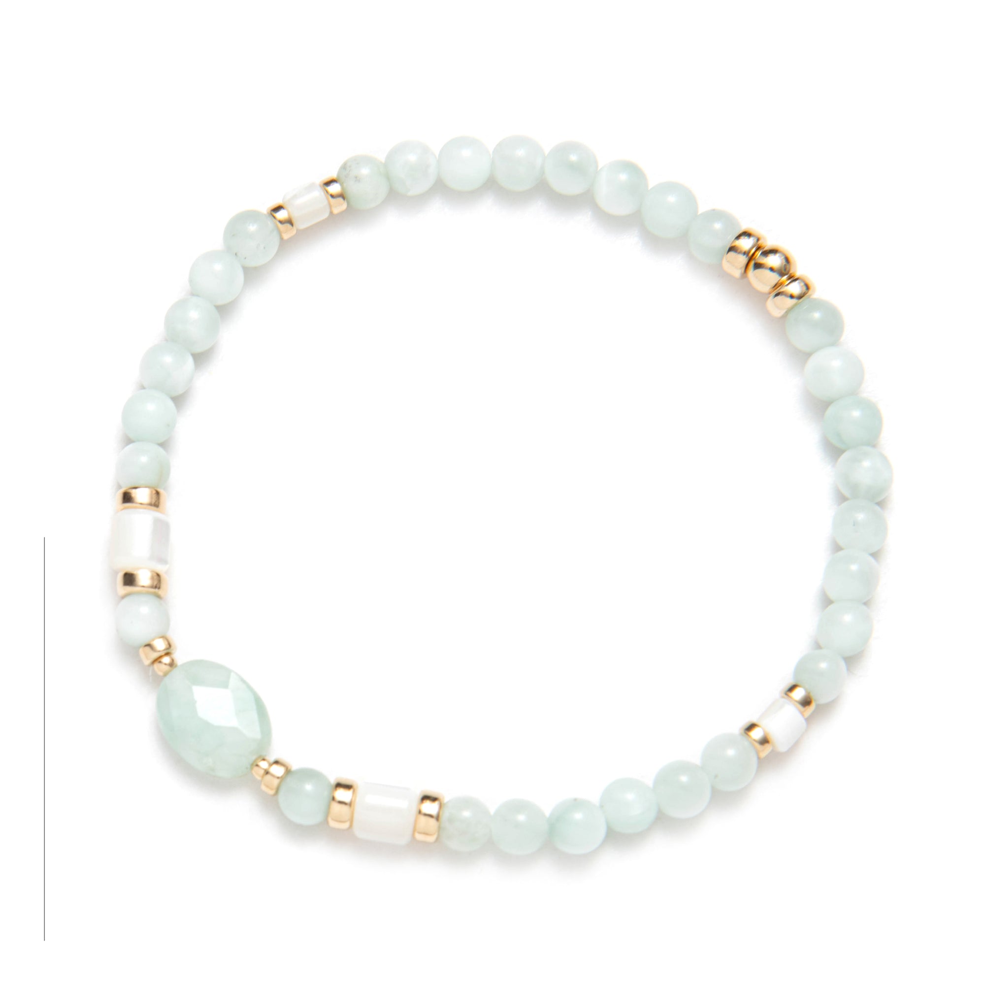 Green Angelite Beaded bracelet with gold accents on a white background