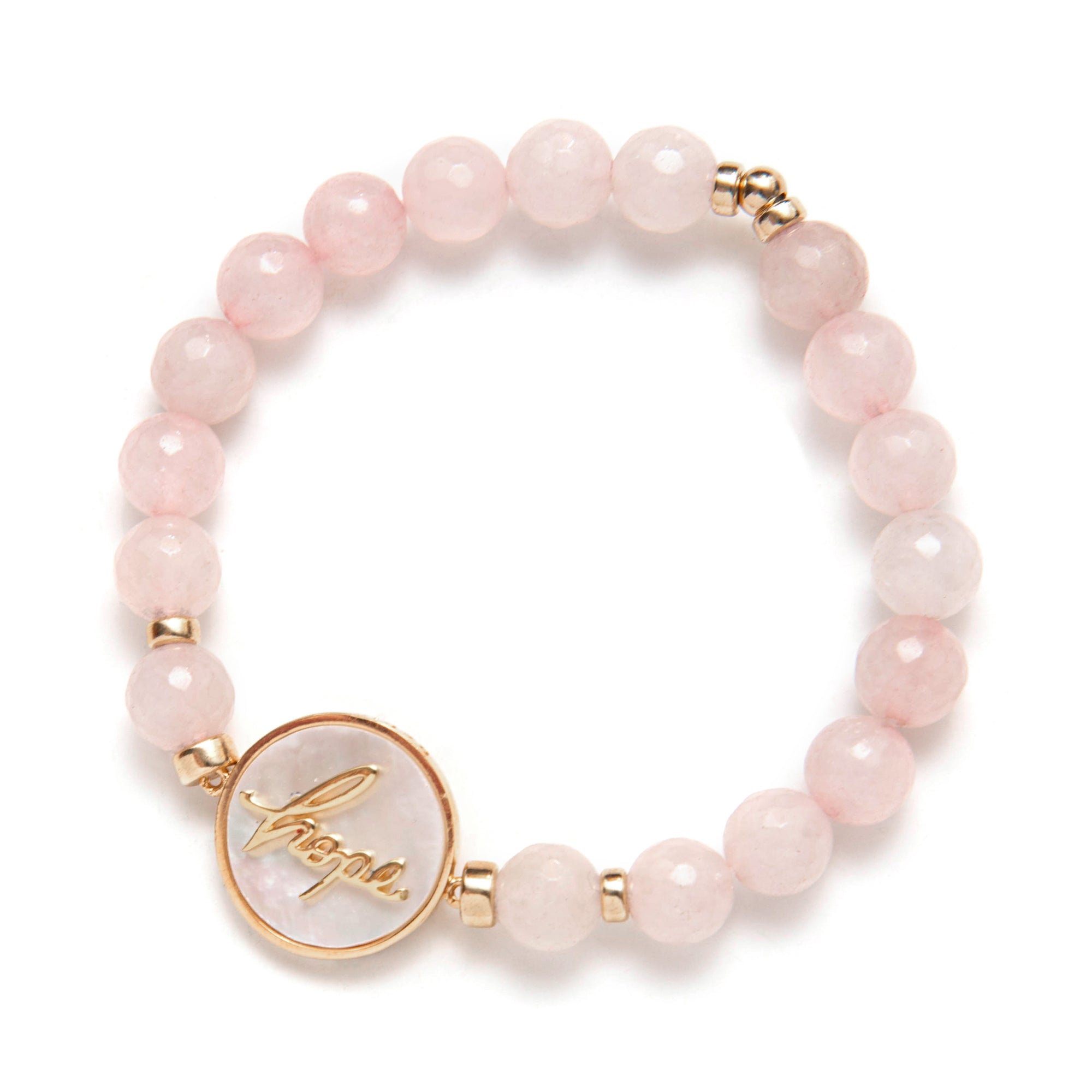 Pink beaded bracelet with a gold charm on a white background