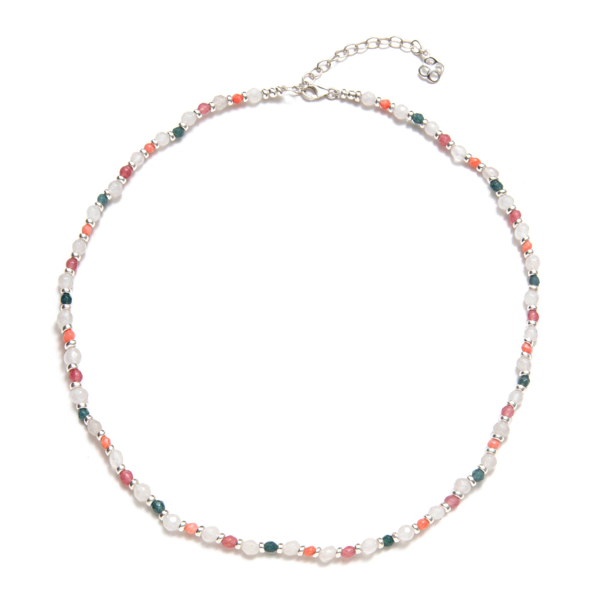 Necklace with multicolored beads on a white background