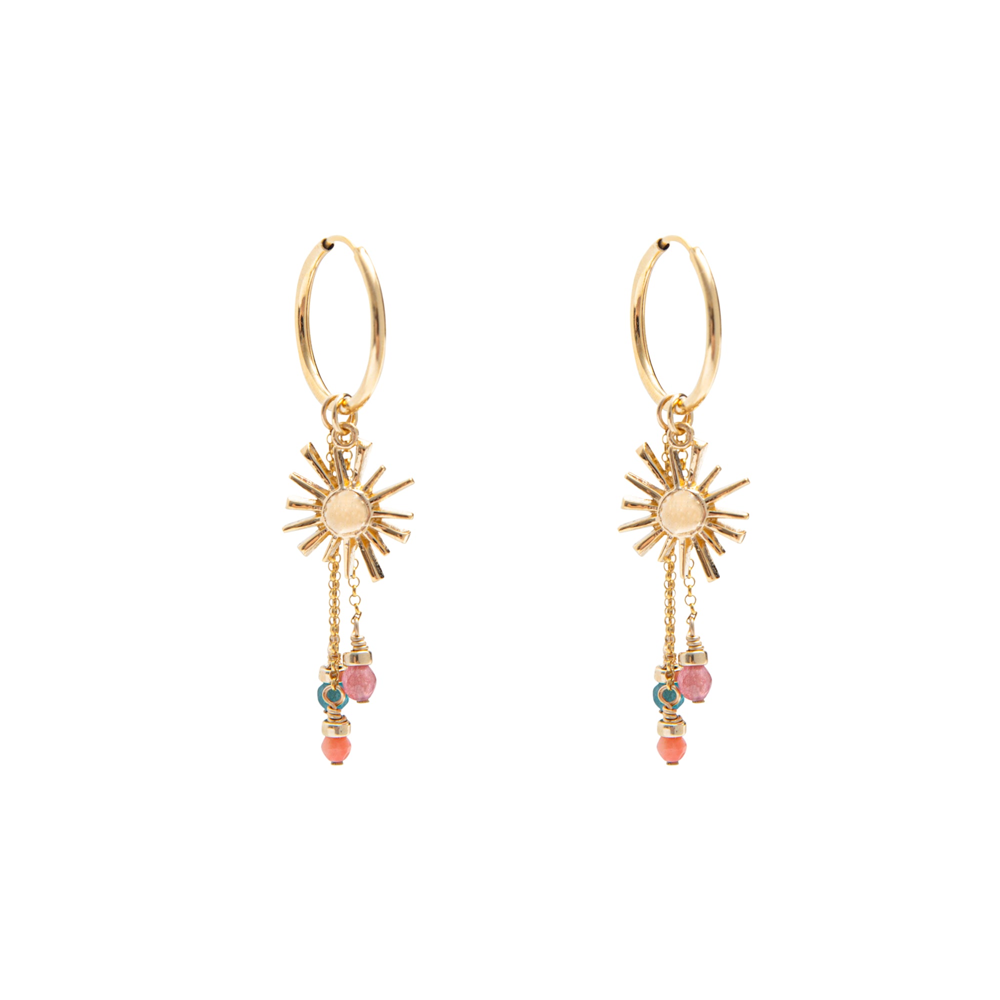 Gold sun-shaped earrings with colorful beads on a white background