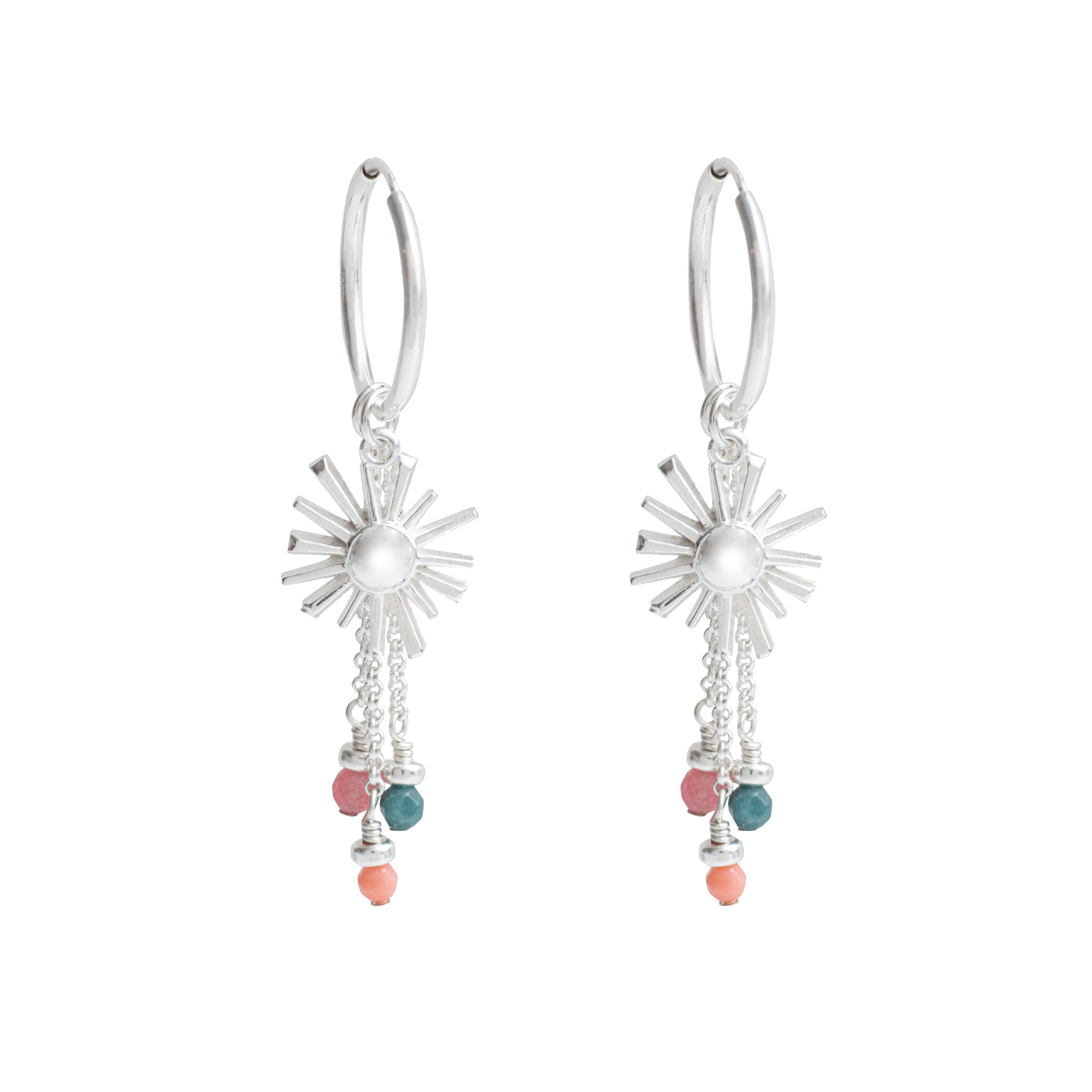 Silver sun-shaped earrings with colorful beads on a white background