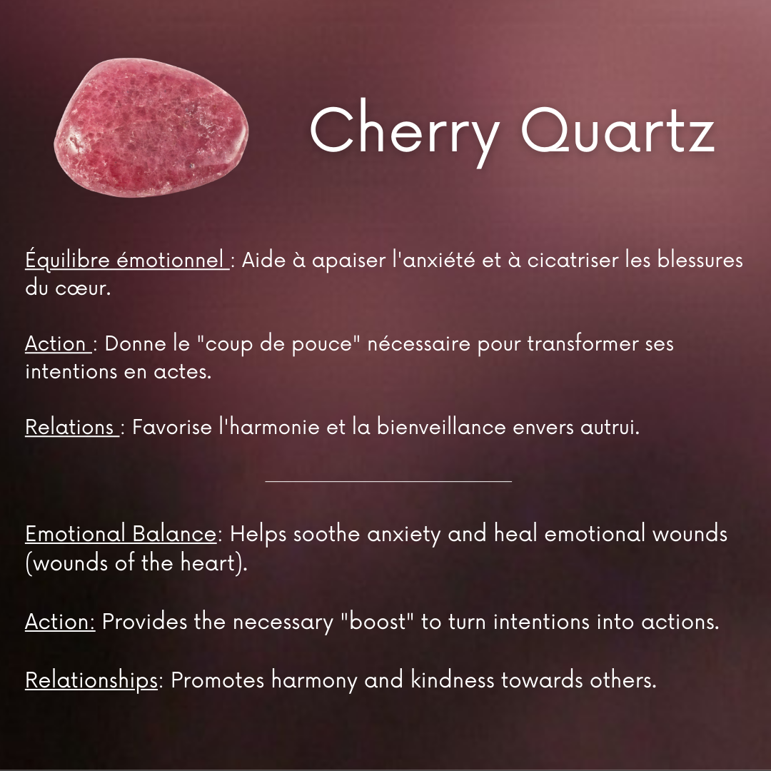 Cherry Quartz stone with its properties on a dark background