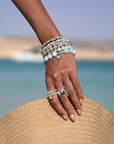 SUMMER JEWELRY BLUE STONES AQUAMARINE STACKABLE BRACELET BEBLUE SILVER BEACH OCEAN SHELL CHARM