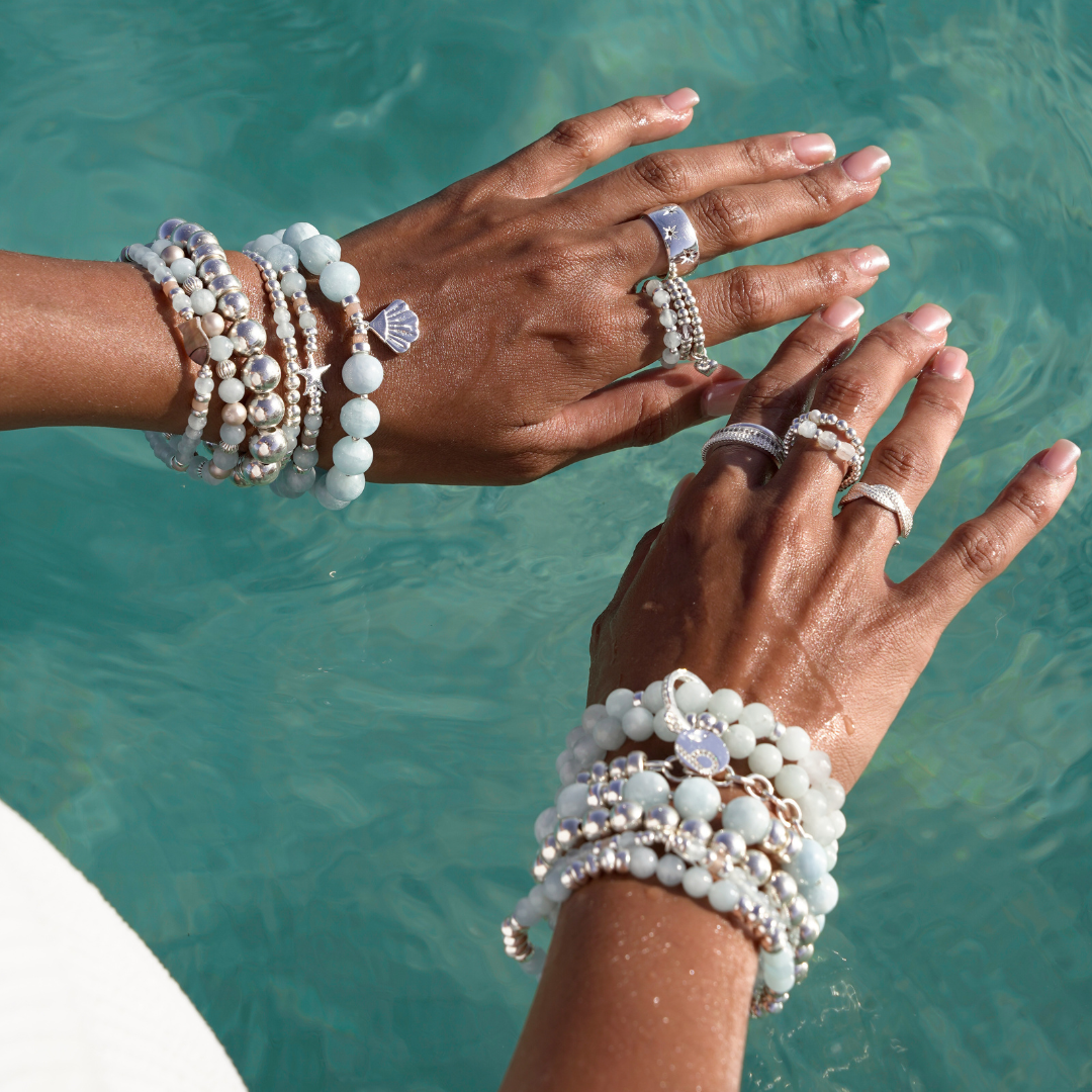 SUMMER JEWELRY BLUE STONES AQUAMARINE STACKABLE BRACELET BEBLUE STERLING SILVER BEACH OCEAN STARFISH CHARM SHELL CHARM