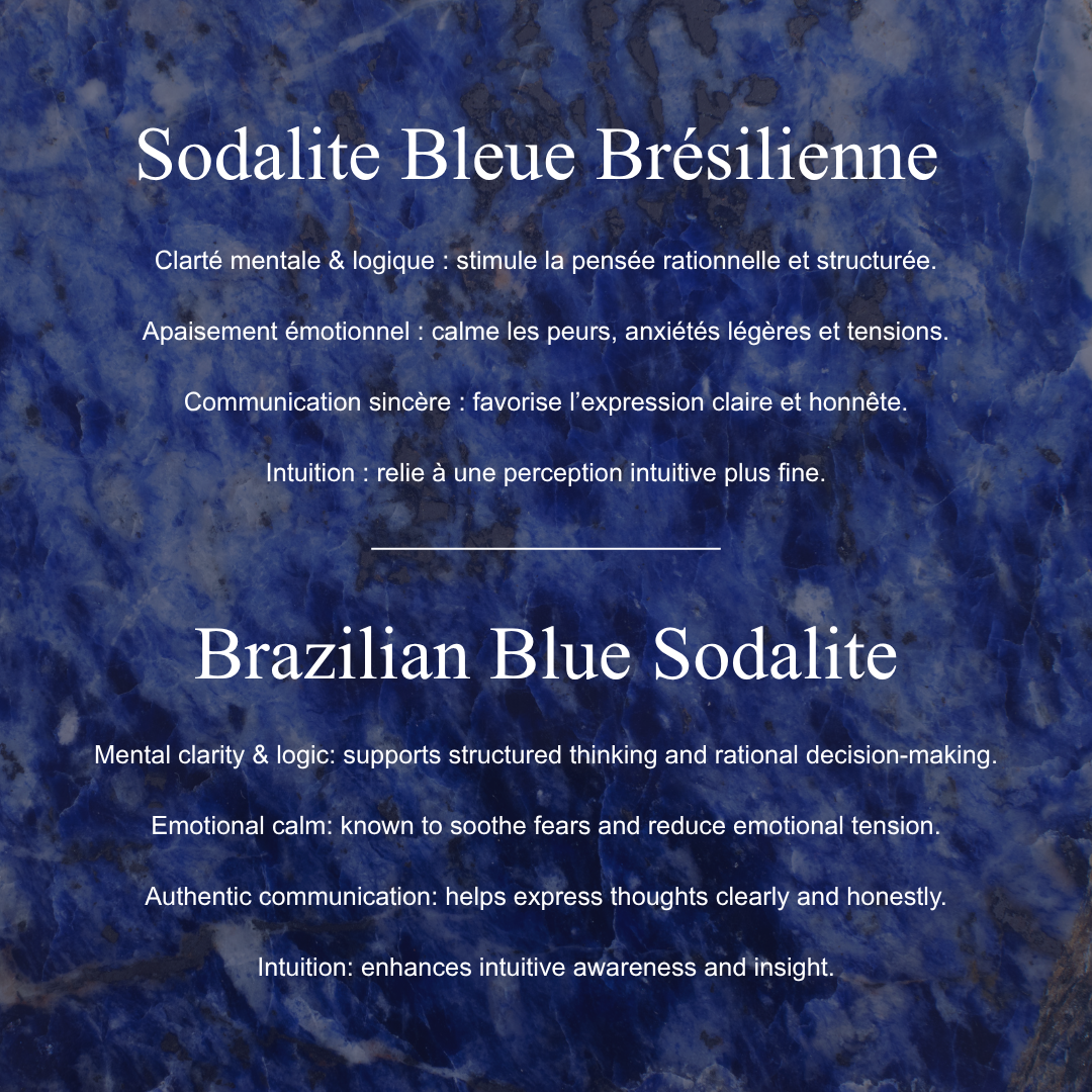 Text about the properties of Brazilian Blue Sodalite with a blue stone background