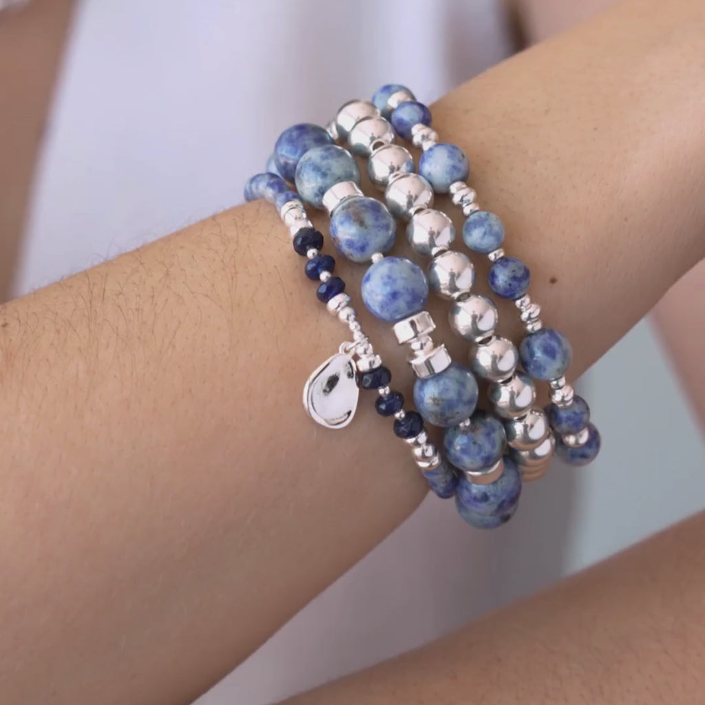 Stack of blue beaded bracelets in blue sodalite and sterling silver / beblue bijoux